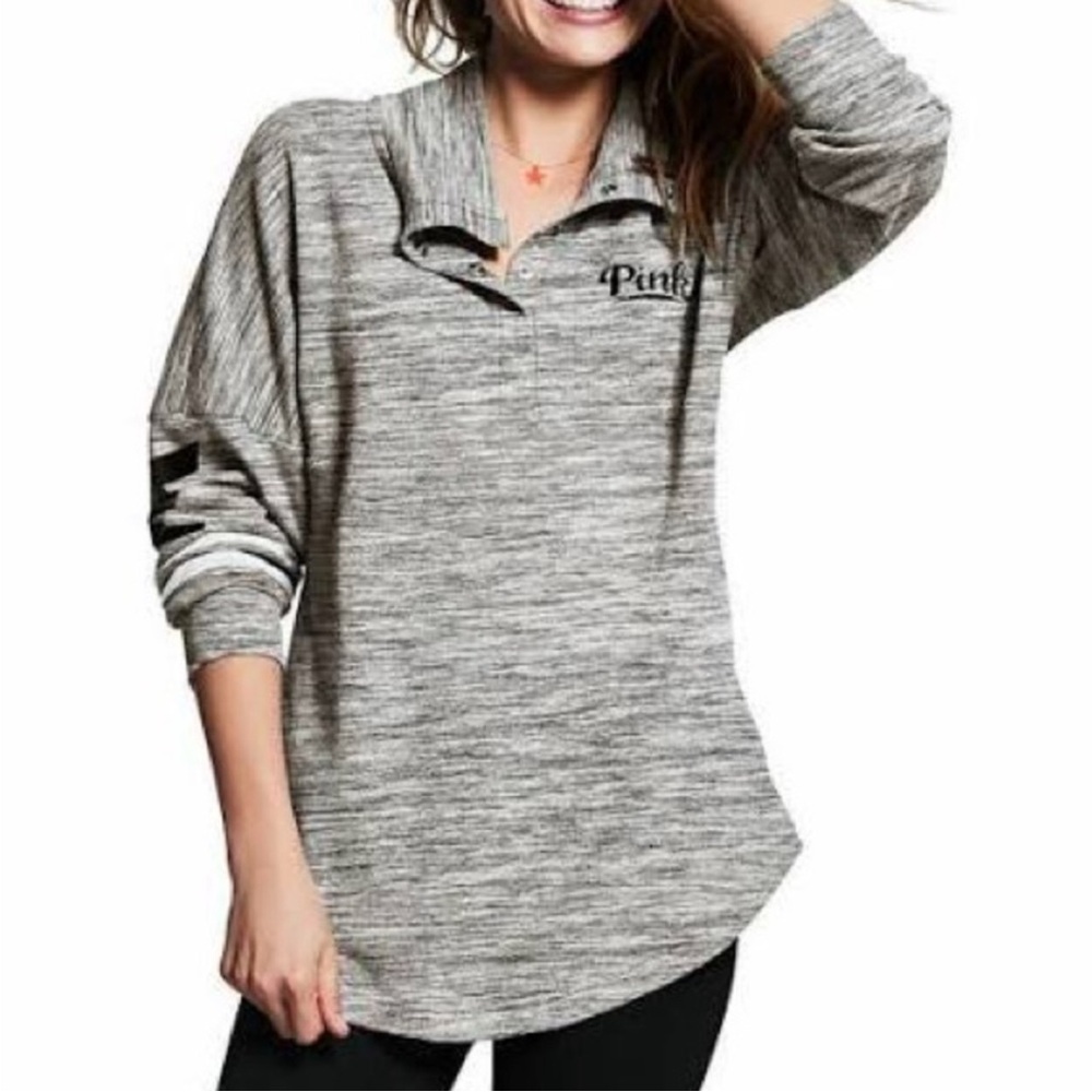 Victoria Secret PINK Long Sleeve Pullover Sweater Quarter Button Up Gray Small